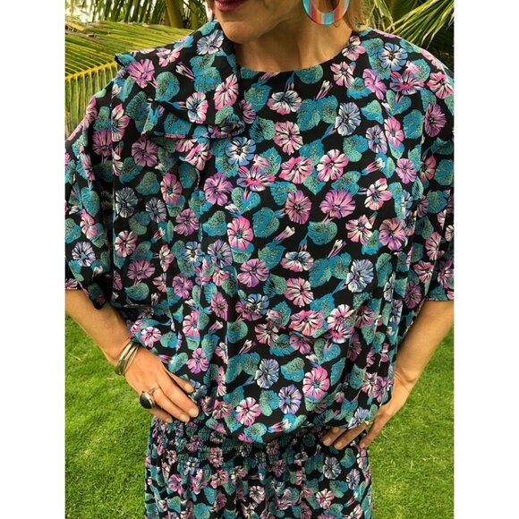 Vintage 80s does 20s Dropped Waist Tropical Hawaiian Flowy Dress | Small Medium - Picture 2 of 10